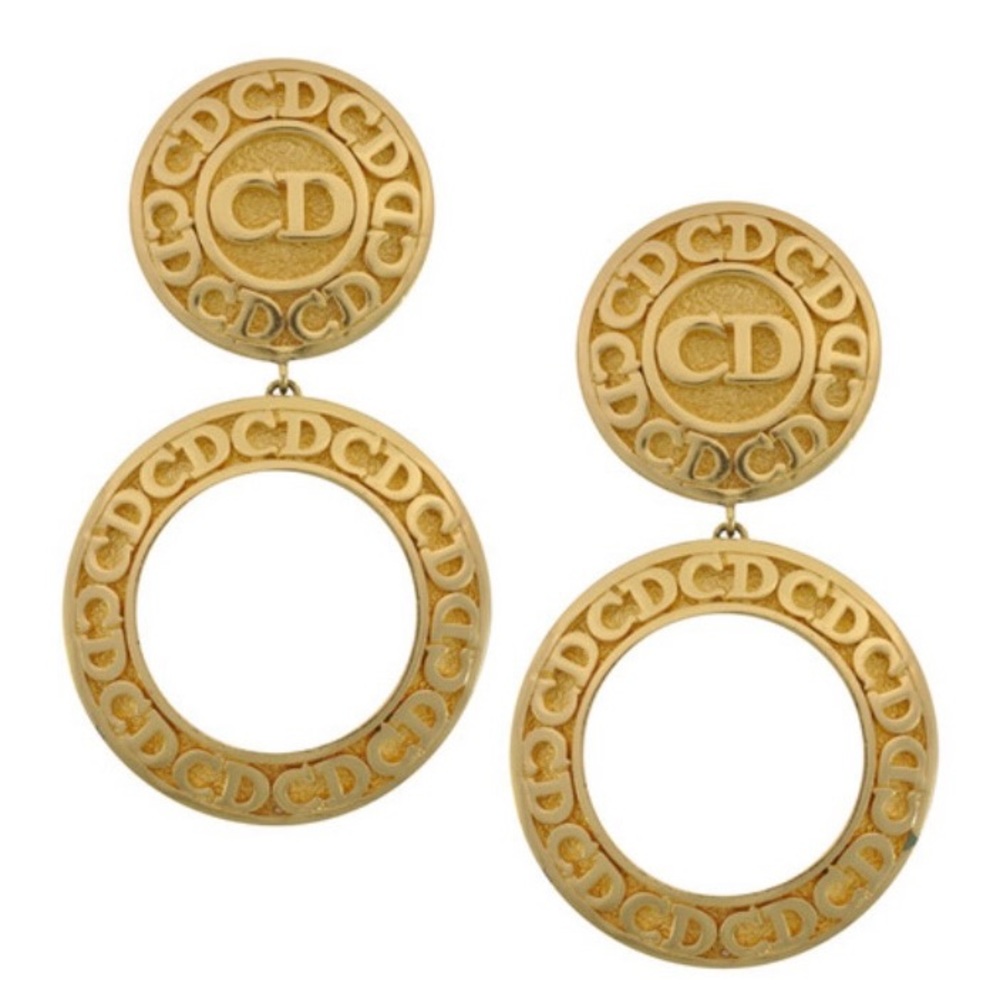 Authentic Rare CHRISTIAN DIOR Large Logo Hoop Gold Tone Dangle Drop Earrings
